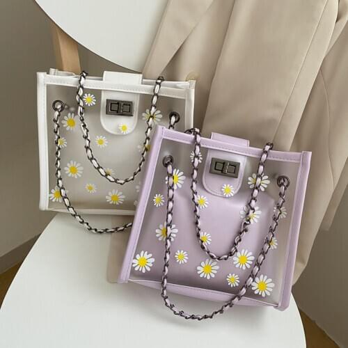 2pcs/Set Portable Women Flower Shoulder Handbags Classic Texture Creative Design Chic Clear PVC PU Beach Totes Bag