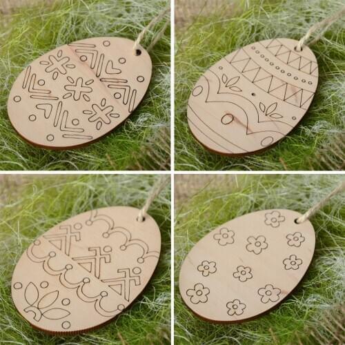 4PCS Easter Egg Wooden Hanging Pendants Tags Wooden Cutouts Wood Crafts With Twine For Easter Decorations Party Supplies