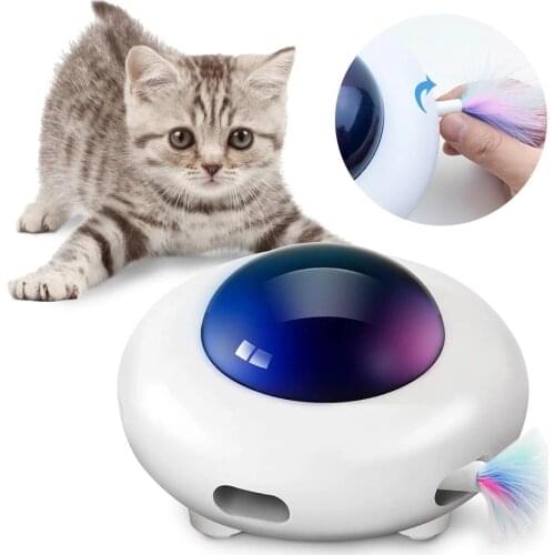 Automatic UFO Interactive Cat Toy for Indoor Rotating Feather Electronic Cat Toy Smart Auto Shut-Off Random Moving USB Charging