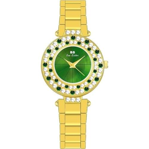 BS New Hot Selling Full Diamond Female Green Dial Crystal Quartz Watch Fashion Steel Band Gold Nightclub Watch Relogio Feminino
