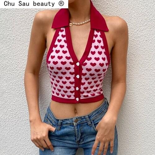 Chu Sau Beauty Knitted Vest 2021 New Womens Breasted Lapel Love Halter Vest Female Halter Bottoming Top Fashion Vintage