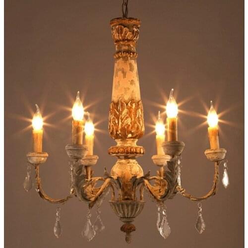 Wooden Iron Chandelier Lighting Vintage Crystal Lustre Pendant Chandelier Living Room Kitchen Bedroom Retro Loft Light Fixtures