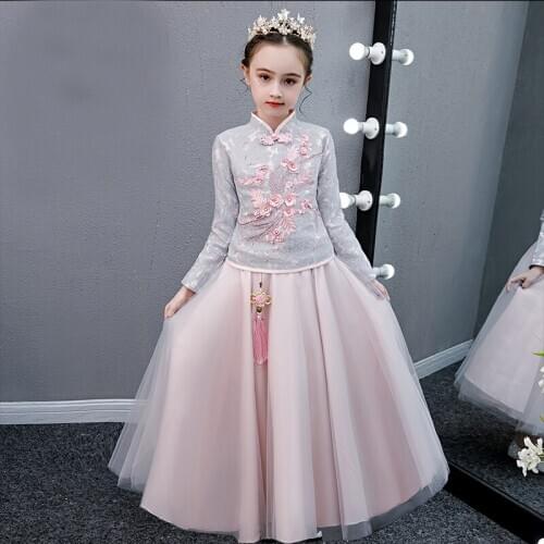 Flower Girl Princess Party Performing Lace Embroidery Cheongsam for Birthday Ball Girls First Sequin Eucharist Party Dresses