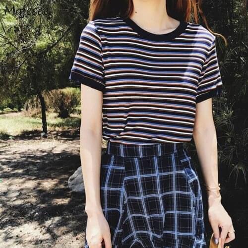 T-shirts Women O-Neck Striped Skinny Knitted Summer Short Sleeve Korean Style Stylish Chic Casual Student All-match Femme Tees