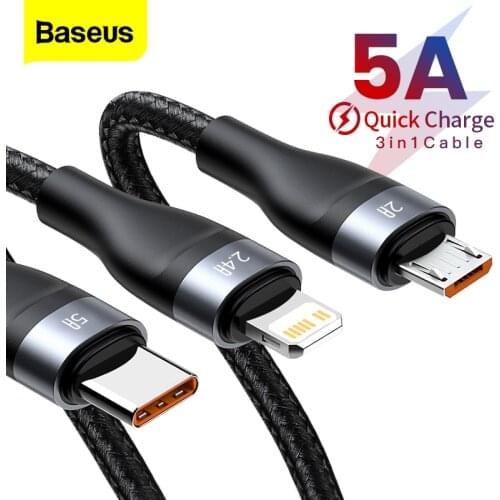 Baseus 5A USB Type C Cable For Xiaomi Samsung Fast Charging 3 in 1 Data Cable For iPhone 12 11 Pro Max Micro USB Cable Wire Cord
