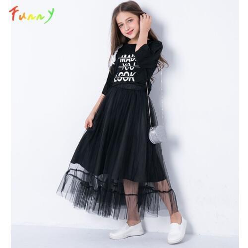 Teenage Girls Clothing Set Half Sleeve Black Off Shoulder Tops Mesh Skirt 2 Piece Set Summer Boutique Kids Clothes Girls Outfits