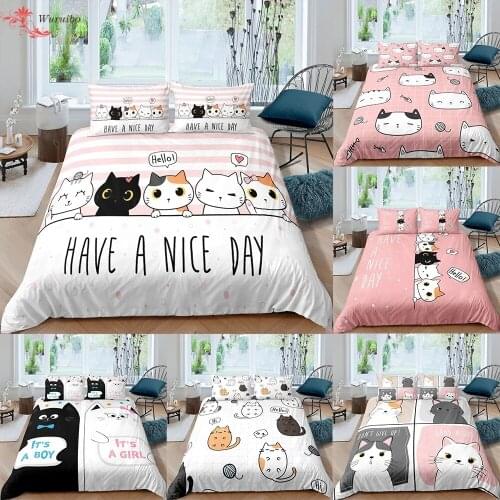 Cute Pet Cats Bedding Set Cartoon Kitten Printed Duvet Cover Pillowcase Set For Girl Twin Full King Double Sizes Home Bedclothes
