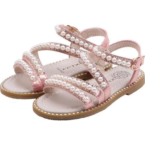 Summer Girls Beach Sandals Korean Pearls Rhinestone Open-toed Princess Shoes Small And Medium-sized Childrens Performance Flats
