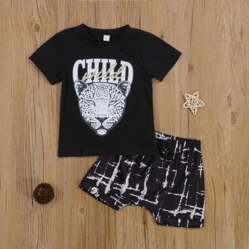 2Pcs Summer Infant Baby Boys Outfit Leopard Letter Printing Short Sleeve Tank Tops + Shorts Set Clothes Suits Kids Outfits