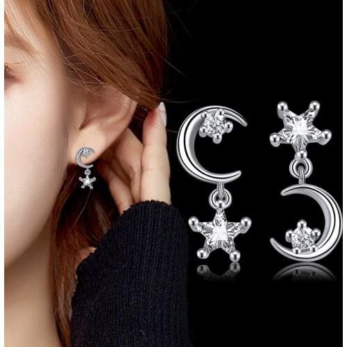 Fashion Personality Shining Zircon Star Moon Tassels Asymmetric Earrings for Women Jewelry Gifts