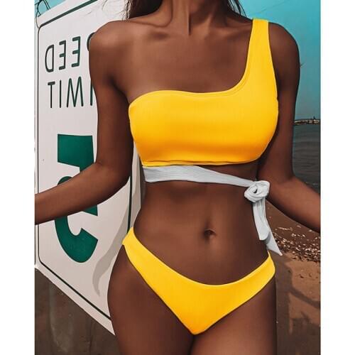 Mossha High cut Bikinis Set Sexy One-shoulder Women Swimsuit Yellow Ribbed Swimwear Bandeau Bathing Suit Bandage Knot Beach Wear