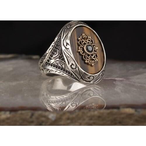 Pen İşçilikli Tiger 'S Eye Gemstone 925 Sterling Silver Men 'S Ring