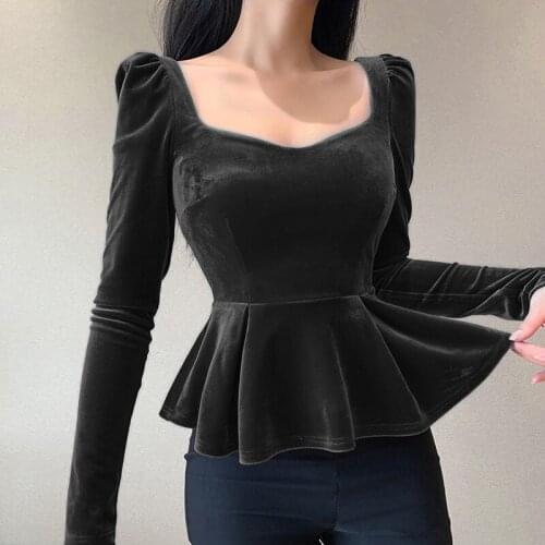 Slim-fit Temperament Top Fashion Square Neck Hem Long-sleeved Top Velvet Puff Sleeve Tight-fitting Ladies T-shirt Sexy Ladies