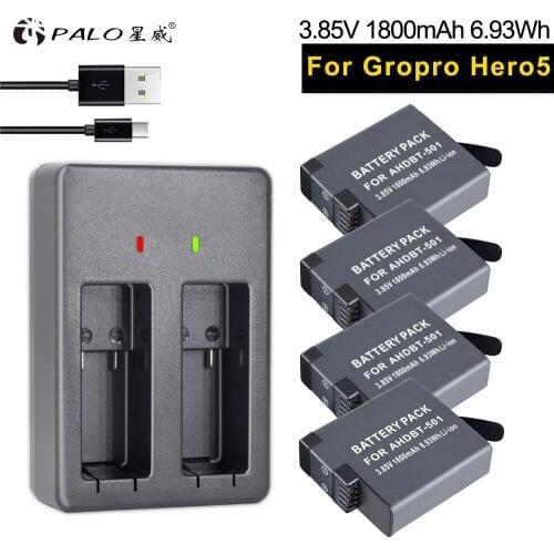 PALO 4pcs digetal batteies AHDBT-501 camera battery +2 Slots LED Battery Charger in digital batteries bateria for GoPro Hero 5 6