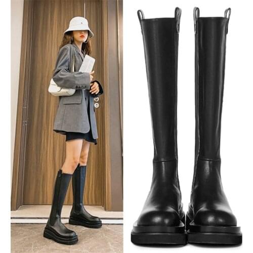 PXELENA Luxury Knee High Chelsea Boots for Women Genuine Leather Chunky High Heels Riding Knight Motorcycle Long Booties Shoes