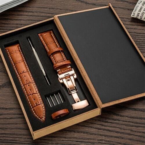Classic Genuine Leather Watch Band Wood Box 12/13/14/15/16/17/18/19/20/21/22/23/24 mm Watchband Stainless Steel Butterfly Clasp