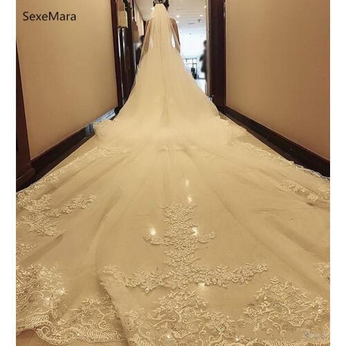 High Quality White Ivory Wedding Veils Cathedral Length Bridal Lace Applique With Comb Bridal Veil 3M 5M