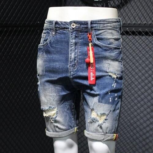 Fashion Hole Ripped Denim Shorts Men High Street Summer Zipper Slim Knee-Length Pants High Quality Vintage Washed Beach Shorts
