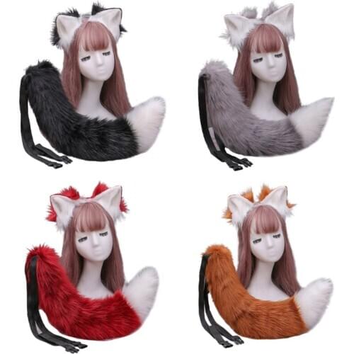 Simulation Foldable Plush Cat Ears Headband with Contrast Color Furry Long Tail Set Kawaii Anime Animal Cosplay Costume