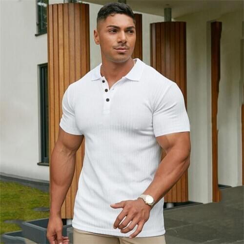 Running Gym T-shirt Men Turn Neck Short Sleeve Knitted Polos Shirt Sports Slim Fit Shirt Fitness Bodybuilding Workout Clothing