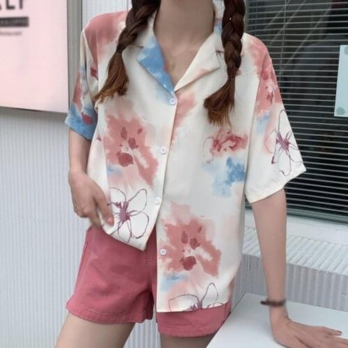 Short-Sleeved Vintage Blouse Chic Thin Section Shirt Ink Flower Print Female Loose Summer Button Up 2021 Summer Ins Blouses