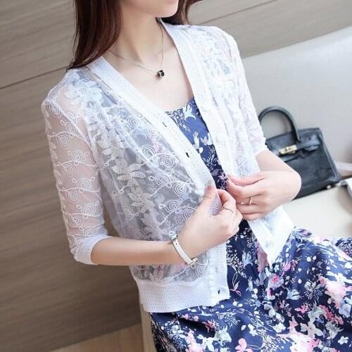 2021 Summer New Women Short Single-breasted Lace Knit Cardigan Sun Protection Clothing Three-quarter Sleeve Shawl Jacket Female