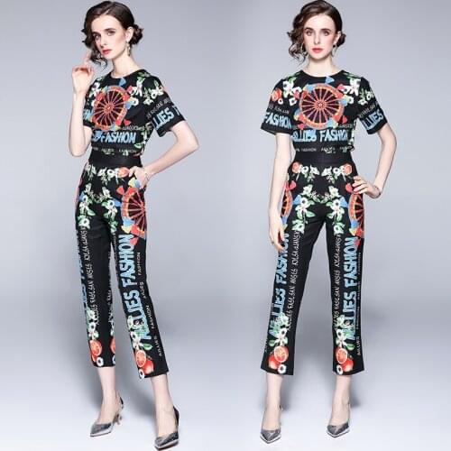 Dropship Summer Fall Runway 2 Piece Womens Set Retro Vintage Print Crew Neck Short Sleeve Top Shirt Blouse Pant Suits Outfit