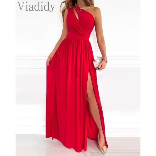 Women Elegant One Shoulder Hollow High Slit Maxi Dress Sleeveless Asymmetrical Dress