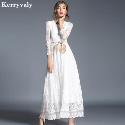 High-end Hollow Out White Lace Dress Women Maxi Dress Robe Femme Ete 2021 Autumn Long Party Dresses Vestido Longo K9417