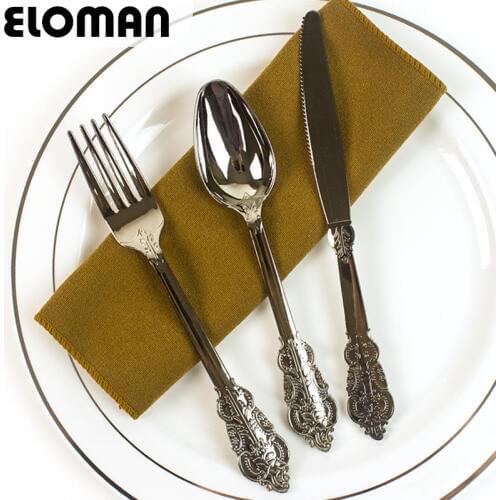 10PCS heavy duty wedding disposable cutlery ELOMAN silver look plastic vintage party tableware fancy fork knife spoon dinnerware