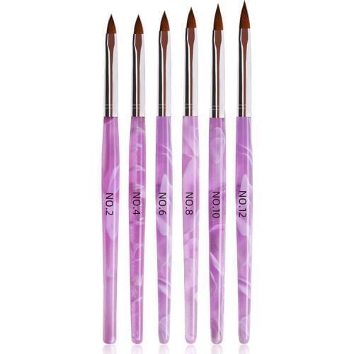 6pcs/set Nail Print Pen Set Purple Acrylic Handle Multi Sizes Nail Art Tool UV Gel Brush For Painting Drawing Polish Rhinestone