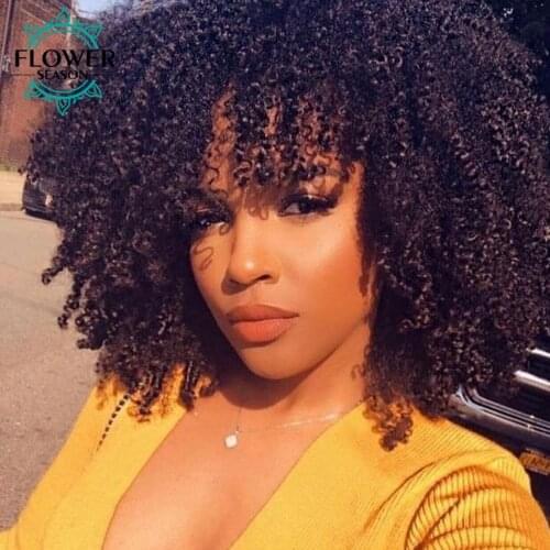 Afro Kinky Curly Human Hair Wigs With Bangs O Scalp Top Full Machine Made Wig 18" 200 Density Remy Brazilian Hair FlowerSeason
