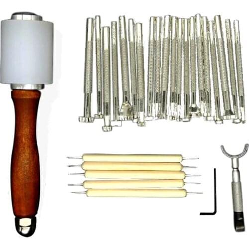 Promotion! DIY Leather Stamping Tool with Hammer Knife Indentation Pen Leather Craft Carving Working Saddle Making Tools Set