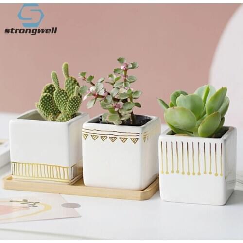 Strongwell Gold Pattern Nordic Flower Pots Home Gardening Decoration Planter Succulent Flowerpots Square Organizer Ornament