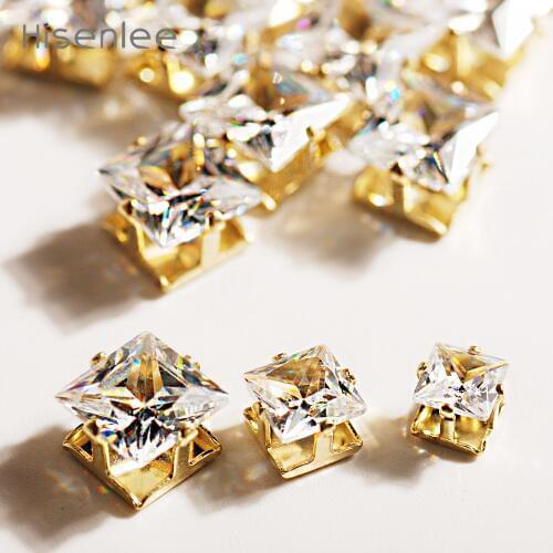Hisenlee 5/6/8mm Golden Single Claw Square-shape AAA Exquisite Cubic Zirconia Shiny Gem High Quality Jewelry Accessories For DIY