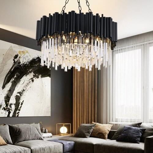 YOOGEE Crystal Chandelier for Living Room Round Indoor LED Lamp Luxury Home Decoration Modern Black Hanging Light Fixture