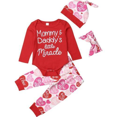 Newborn Infant Kids Baby Girls Valentines Day Outfit Set 4PCS Letter Print Romper Tops+Long Pants+Hats+Headband