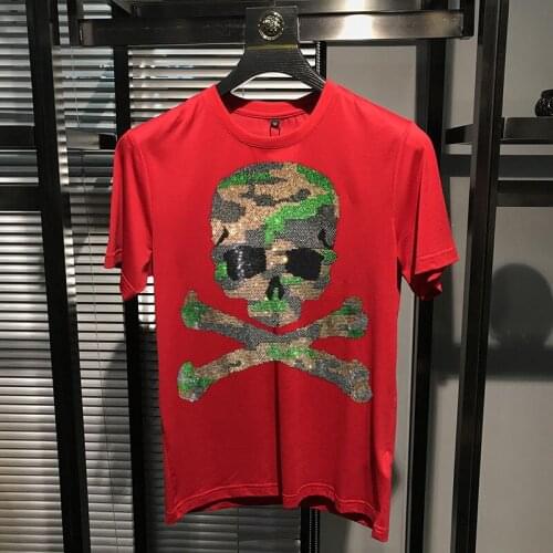 Cool Summer Luxury Hot Drilling Skull Design Mens T-Shirt Street O-Neck Loose Brand Short Sleeves