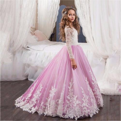 2017 New Flower Girl Dress Long Sleeves O Neck Girls Pageant Gowns Holy Lace Communion Dresses For Girls Birthday Party Dress