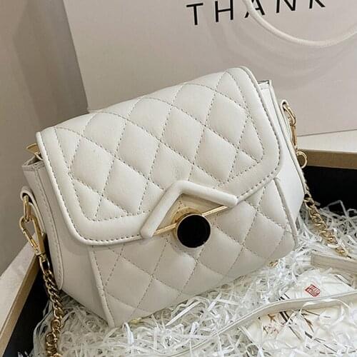 2021 New Solid Color Single Shoulder Bag Plaid Embroidery Thread Womens Casual Messenger Fashion Chain Bag Lock Small Round Bag