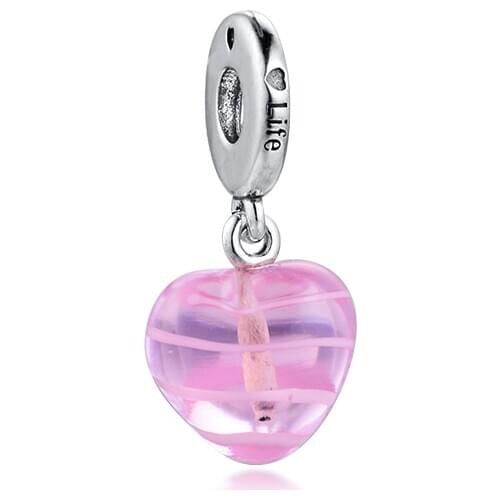 Fits for Pandora Charms Bracelets Pink Ribbon Heart Beads 100% 925 Sterling Silver Jewelry Free Shipping