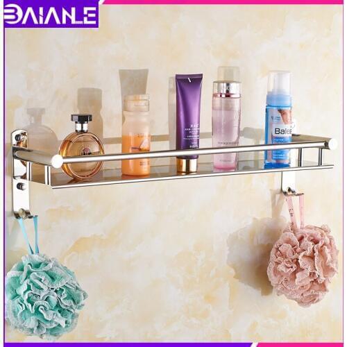 Bathroom Shelf Organizer Stainless Steel Bathroom Shelves Wall Mounted Shower Shampoo Cosmetic Corner Storage Rack Towel Hooks