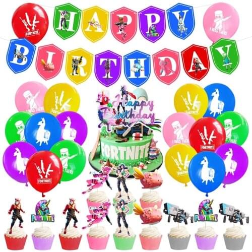 Rainbow Fortnight Happy Birthday Banner Cake Cupcake Topper Paper Card Latex balloon Festival Party Family Home DIY Decoration