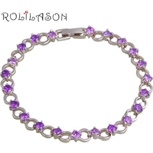 ROLILASON elegant violet Purple Zircon Round Design Silver Bracelets for Women Party Fashion Gift Jewelry TBS1094