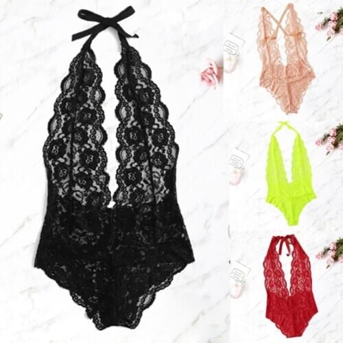 Sexy Hanging Neck Perspective Bodysuit Lace Lace Exotic Temptation Halter Erotic Lingerie 6 Colors S-XL Size