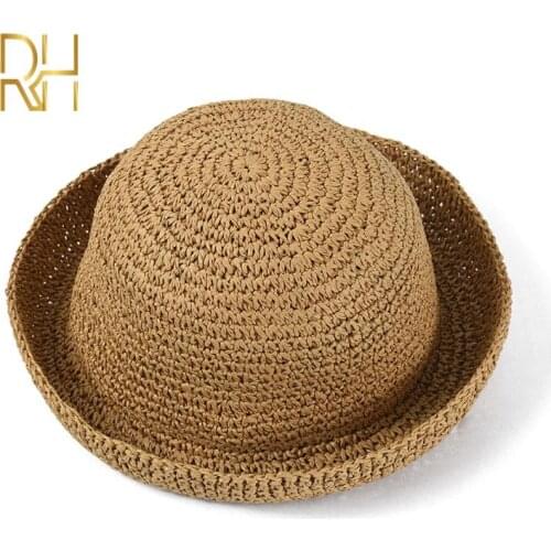Women Summer Straw Hat Vintage Handmade Crochet Straw Braid Straw Hat Summer Sun-shading Hat Female Fisherman Hat RH