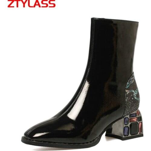 2021 Fashion Gem Chunky Heel Ankle Boots Spring Autumn Women Boots Pu Leather Zipper Short Boots Woman Shoes Big Size 42 43