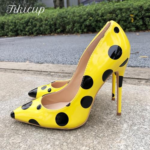 Tikicup Women Polka Dot Print Patent Pumps Yellow Pointed Toe Stilettos Ladies Slip On High Heels Fashion Party Dress Shoes
