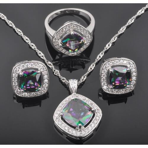 New Square Multicolor Rainbow Zircon Womens Silver Plated Jewelry Sets Earrings/Pendant/Necklace/Rings Free Shipping QZ0125