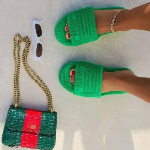 2022 Green Winter New Brand Women Slipper Fashion Green Fur Slides High Quality Soft Sole Comfort Open Toe House Flip Flops